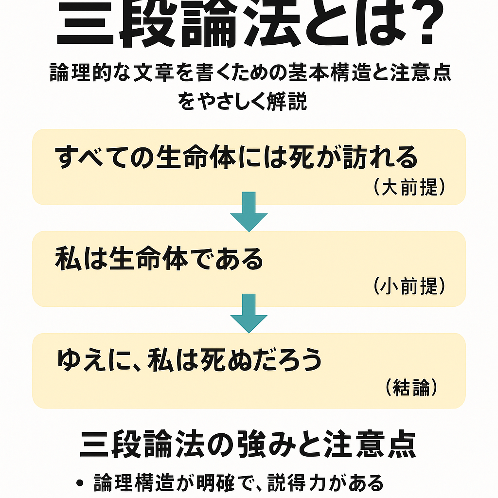 三段論法の構造を示す日本語インフォグラフィック。大前提（すべての生命体は死ぬ）、小前提（私は生命体である）、結論（私は死ぬだろう）という流れを矢印で示し、論理的な文章作成に役立つと説明している図。