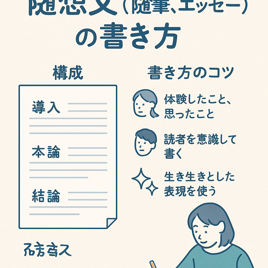 随想文（随筆・エッセー）の書き方を紹介した日本語のインフォグラフィック。導入・本論・結論という構成図、体験談や読者意識、生きた表現の重要性がイラスト付きで解説されている。