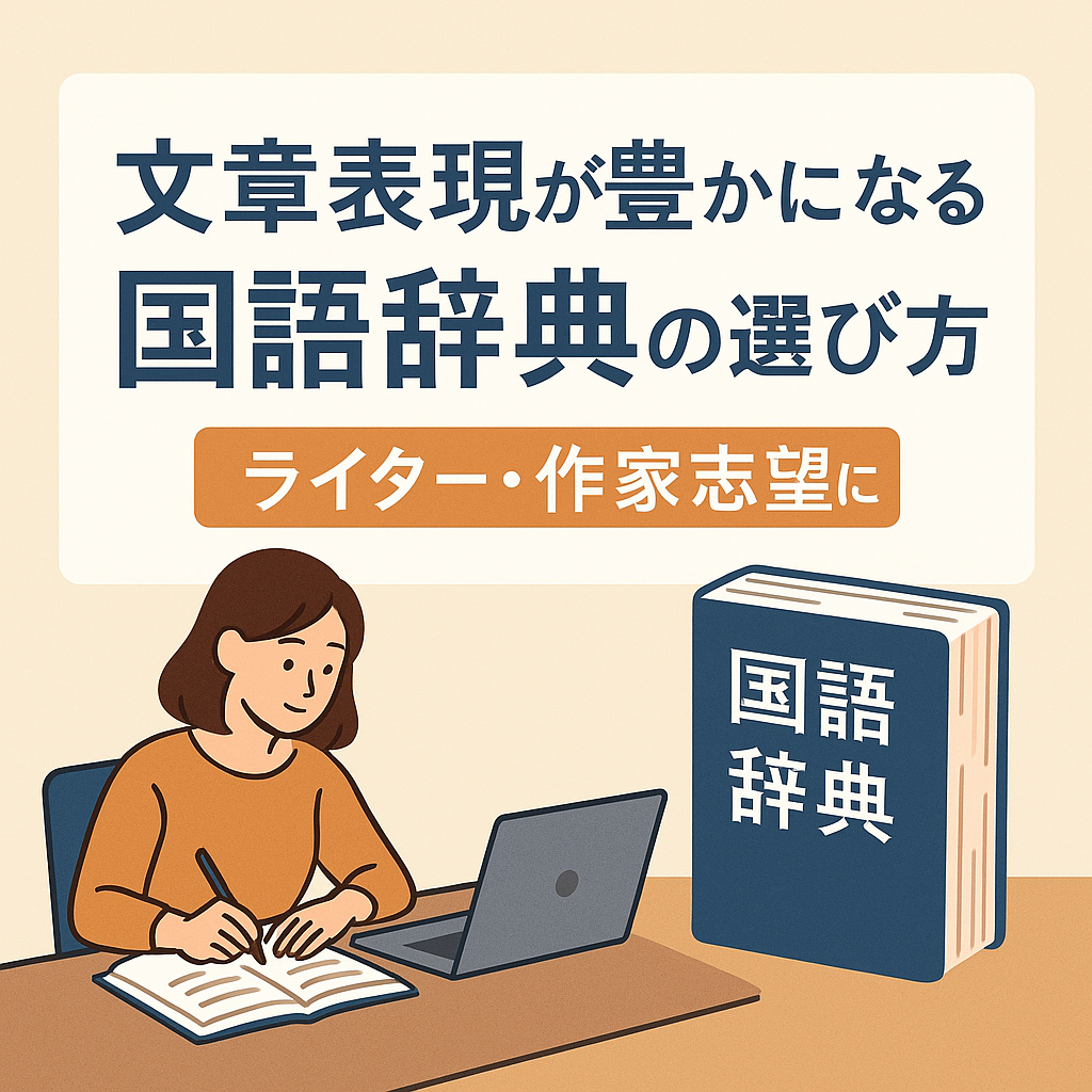 国語辞典を選ぶコツを紹介するデジタルイラスト。書斎風の背景に、複数の辞典が並び、“語彙力UP”“言葉のニュアンスを深める”などのキャッチコピーが配置されている