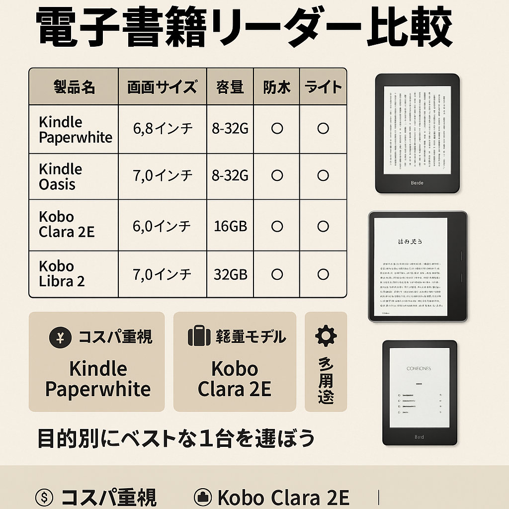 さまざまな電子書籍リーダーを比較したデジタルイラスト。画面の大きさや操作性、特徴がビジュアルで一覧表示されており、読書家向けの選び方を示している。