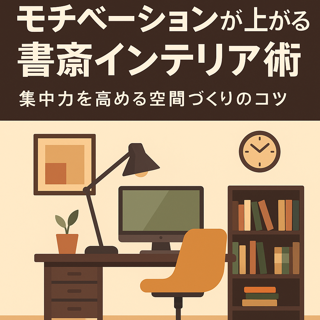 モチベーションを高める書斎インテリア術を紹介する日本語デザインの画像。暖色系の背景に、木製デスク、観葉植物、本棚、パソコン、照明が整った居心地の良い書斎が描かれている。