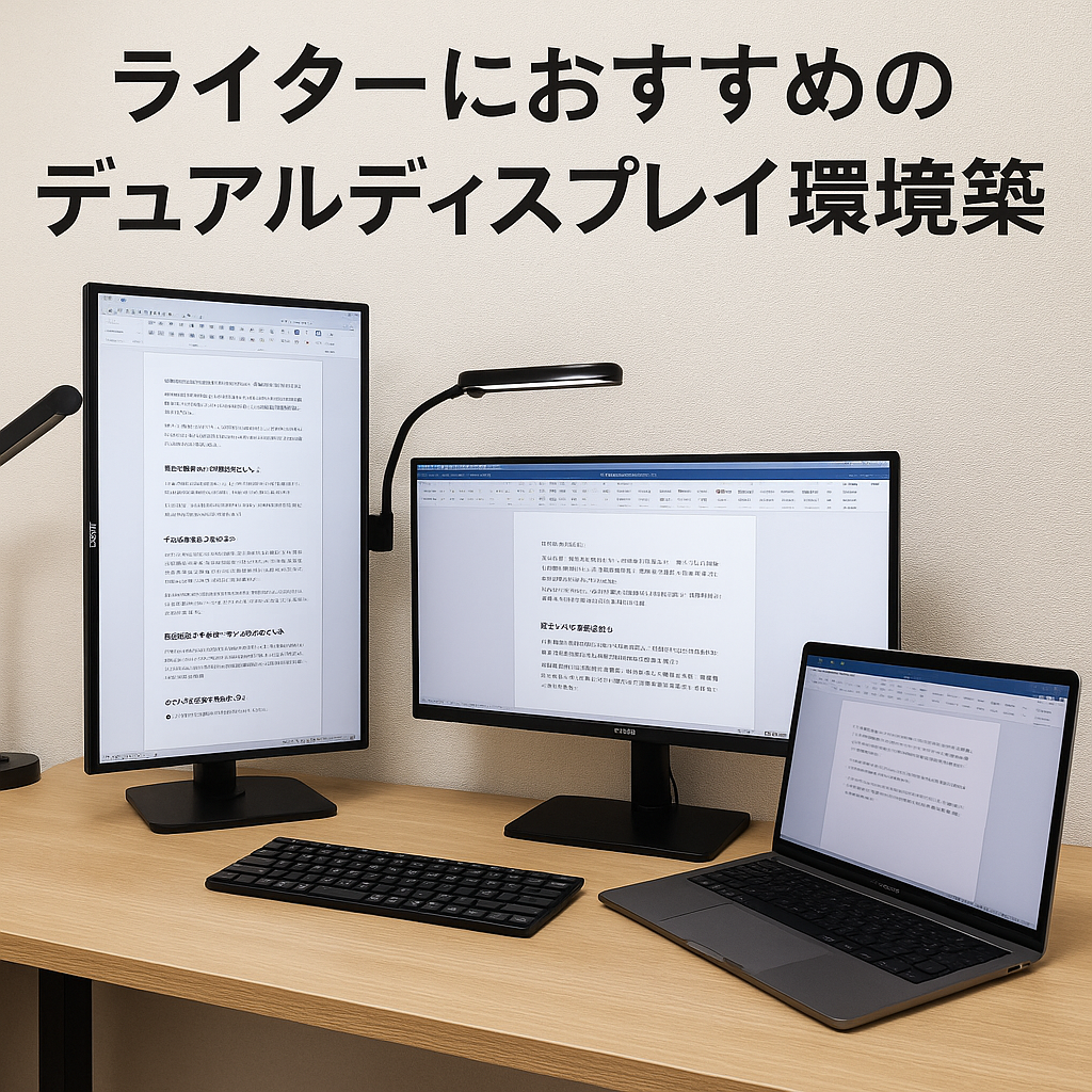 デュアルディスプレイ環境で作業するライターのデスク。2台のモニターに原稿と資料が表示され、快適な作業スペースが整っている様子