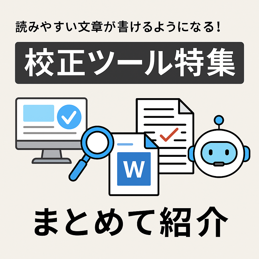 読みやすい文章が書けるようになる！校正ツール特集」というタイトルとともに、赤いチェックマークとキーボードが描かれたシンプルなデジタルグラフィック。日本語の文章力向上をテーマにしたブログ記事のアイキャッチ画像