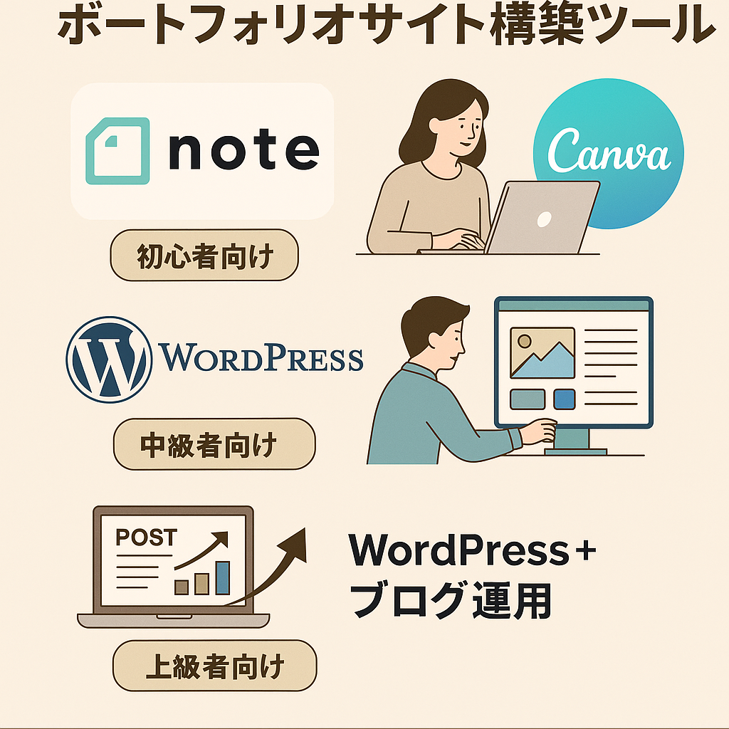 Webライター向けポートフォリオサイト構築ツールを初心者・中級者・上級者向けに分類した日本語インフォグラフィック。note・Canvaは初心者向け、WordPressは中級者向け、WordPress＋ブログ運用は上級者向けとして紹介されている。各レベルに応じたイラスト付き。