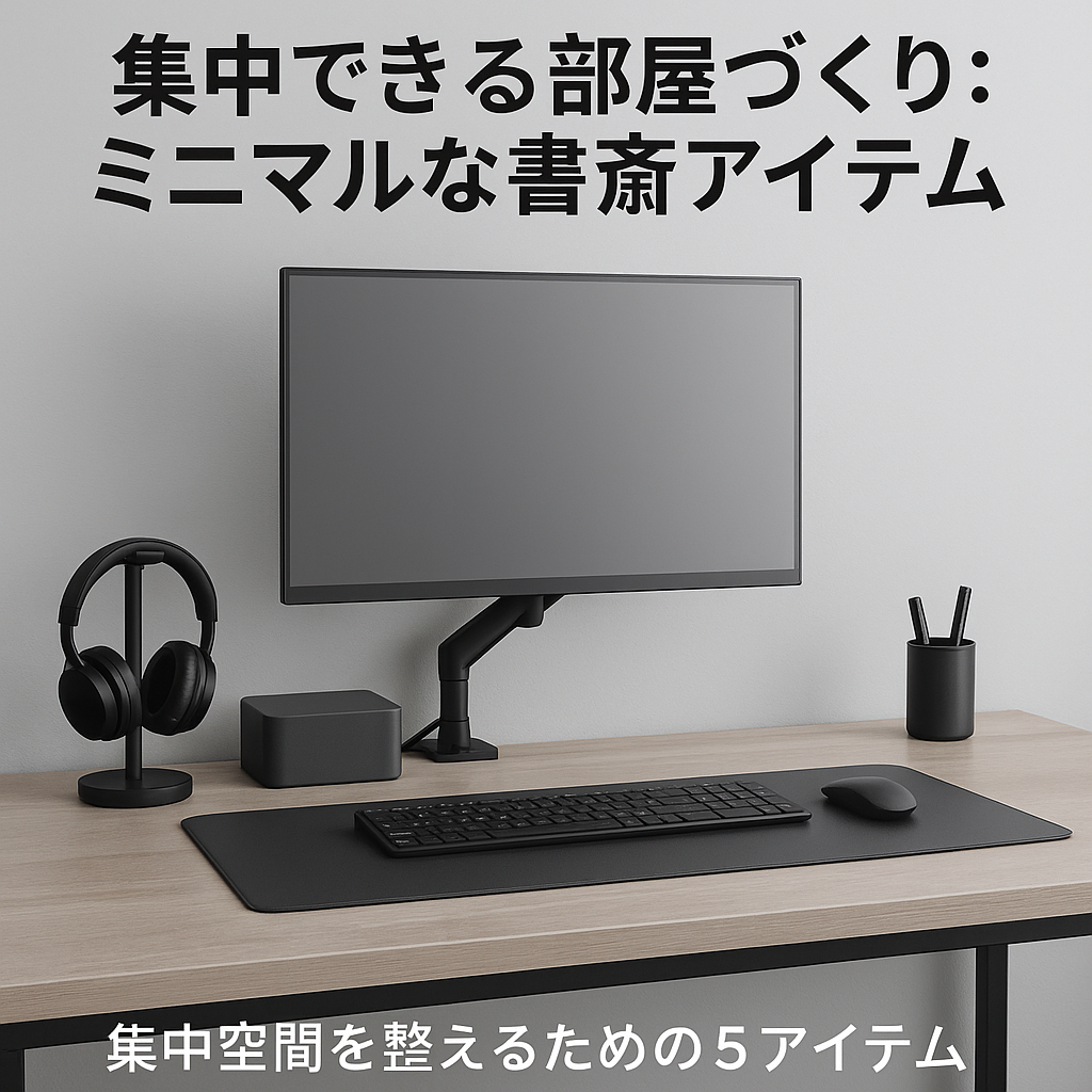 ミニマルで整理された書斎スペース。白を基調としたデスクにノートパソコン、観葉植物、卓上ライトが整然と並ぶ静かな作業環境。ライターや在宅ワーカーに最適な集中できる部屋づくりの一例。