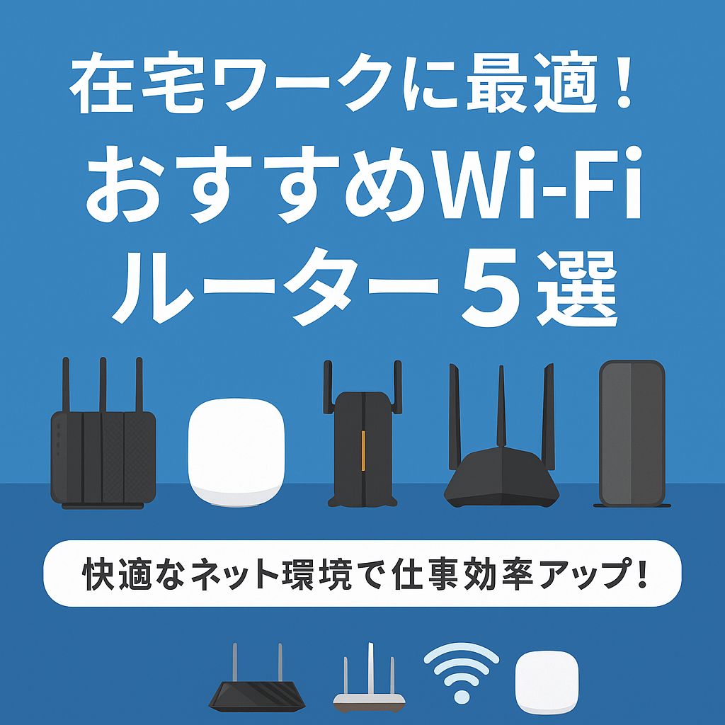 在宅ワークに最適なWi-Fiルーター5選」を紹介する日本語のデジタルグラフィック。自宅のデスクやノートパソコン、通信のイメージとともに、安定したネット環境の重要性を視覚的に伝えている。リモートワークやテレワークに向けたルーター選びをサポートする内容。