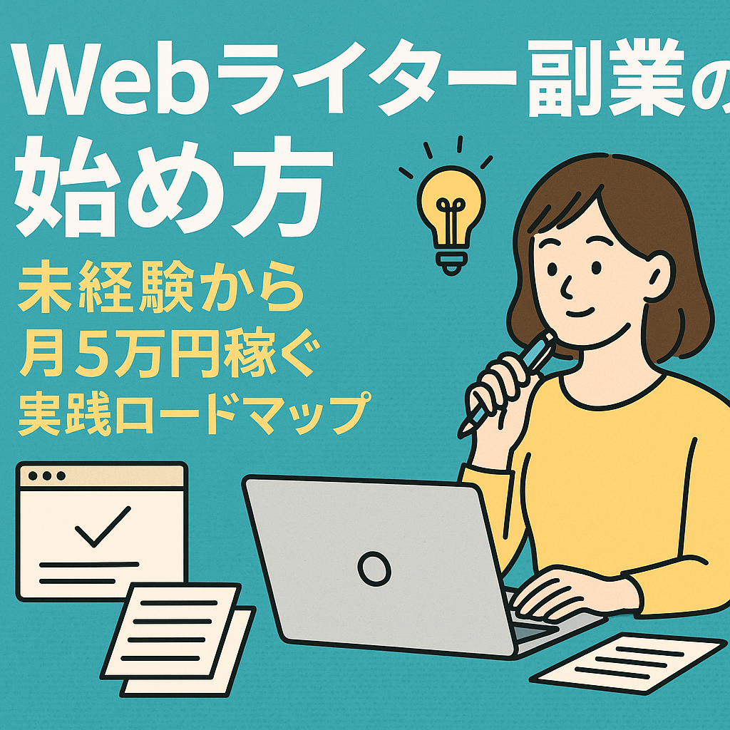 未経験から始めるWebライター副業のステップを象徴する、ノートパソコンとチェックリストが描かれたフラットデザインのデジタルイラスト。青と白を基調に、成功へのロードマップを視覚的に表現している。