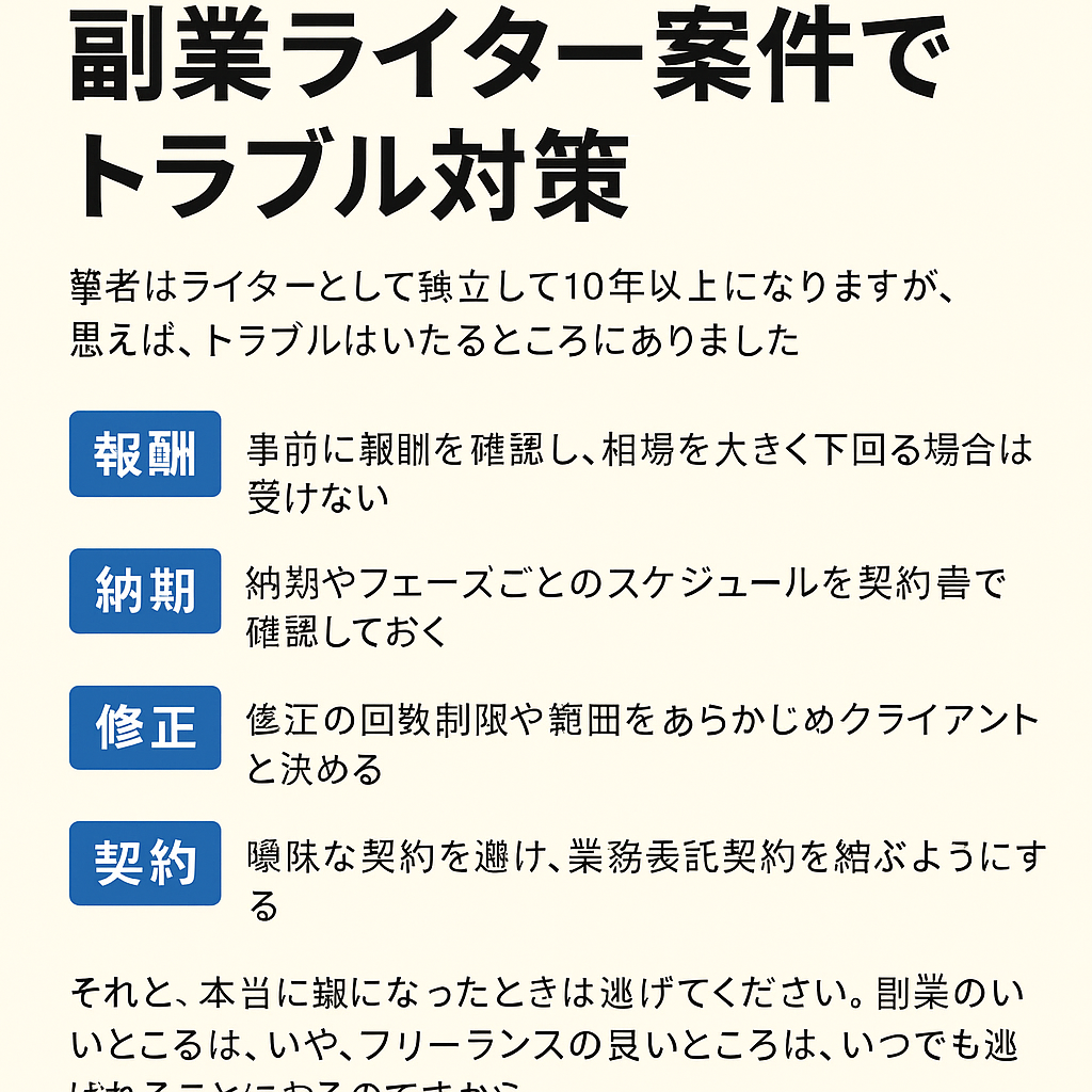 副業ライターのトラブル対策」をテーマにした情報画像。デスクに向かってパソコン作業をする人物の後ろ姿とともに、「報酬・納期・修正・契約」といったキーワードが浮かび上がり、副業ライターが直面しやすいトラブルを象徴的に表現している。