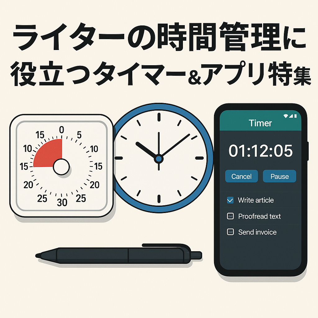 ライターの時間管理に役立つタイマー＆アプリ特集」と書かれた日本語のインフォグラフィック。タイマー、アプリのアイコン、ノートPCなどのイラストが並び、作業効率化の印象を与える。