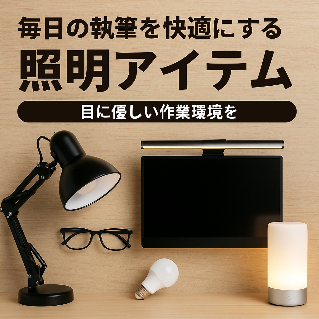木目調のデスクに配置されたデスクライトとノートパソコン、執筆環境を整えた快適な作業スペースのフラットレイ画像