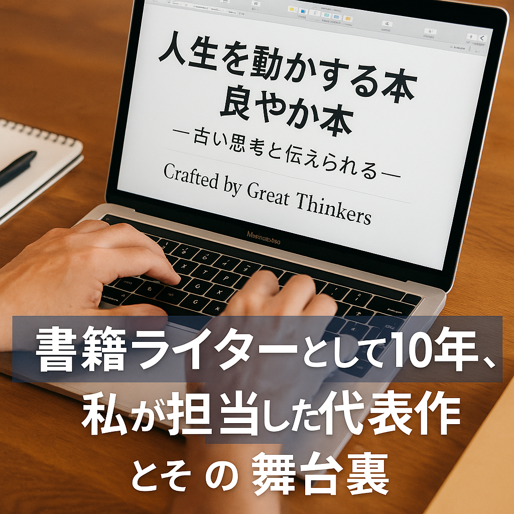 書籍原稿の構成メモに向き合うライターの手元とノートPC。プロの書籍ライターとしてのリアルな制作風景を切り取った一枚。
