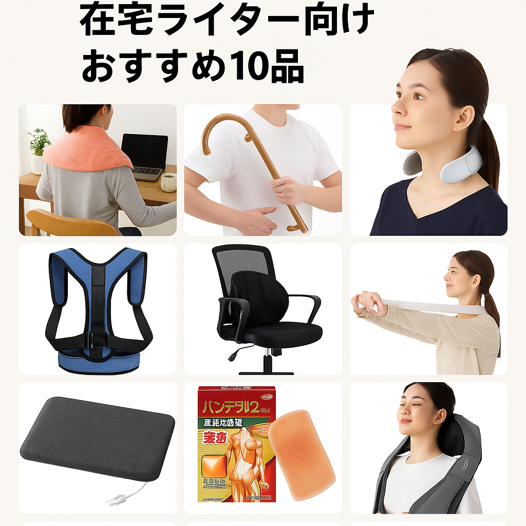 肩こり解消グッズ特集」を紹介する日本語のインフォグラフィック画像。肩まわりに使える10種類のアイテムがグリッド状に並び、それぞれに簡単な説明文が添えられている。在宅ライターやデスクワーカーに向けた実用的なデザイン。