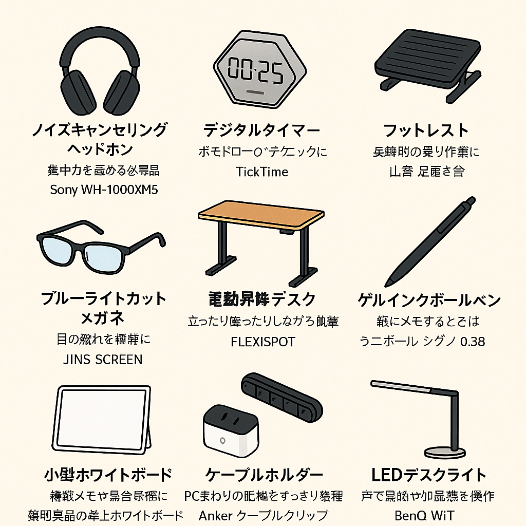 Amazonで買える便利な執筆グッズ10選」を紹介する日本語のデジタルグラフィック。文房具やガジェットのイラストが並び、執筆作業を快適にするアイテムを特集しているデザイン。