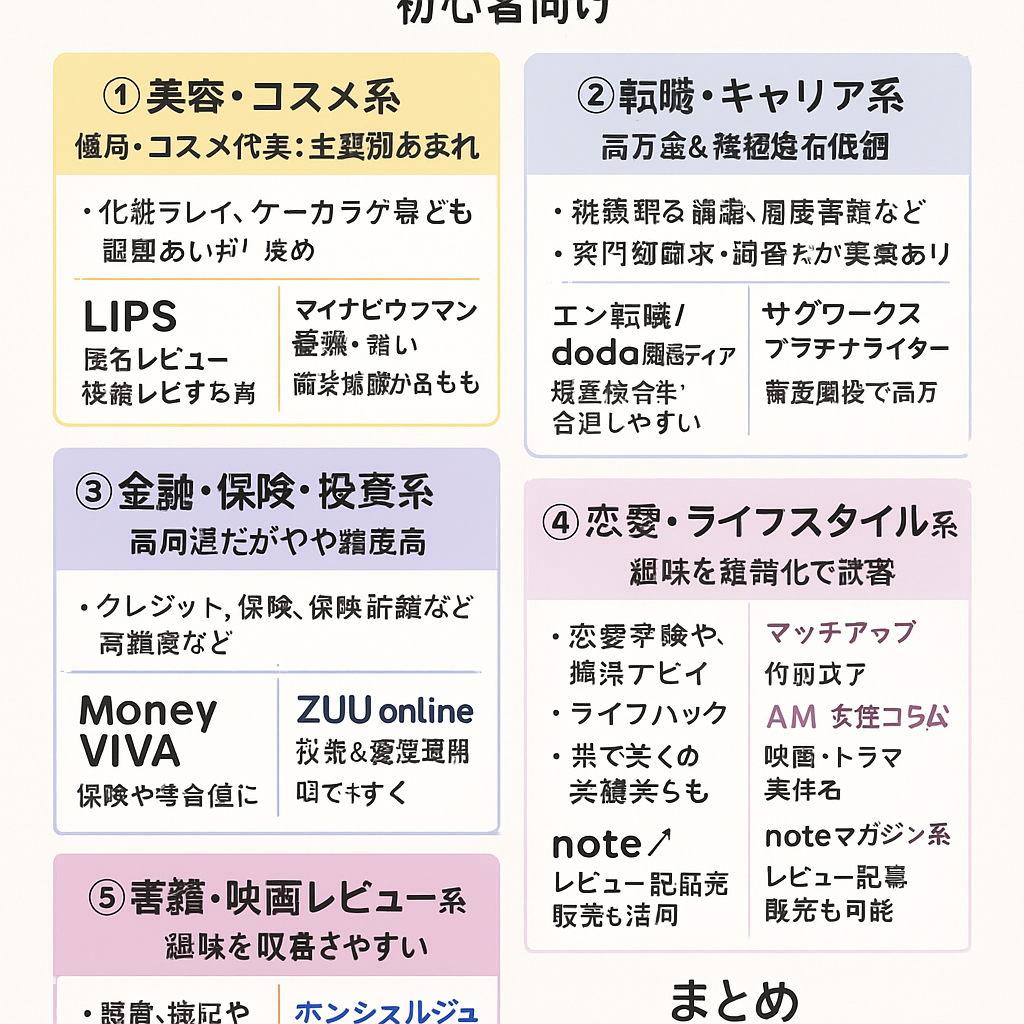 副業ライターにおすすめのジャンル別媒体を紹介した日本語のインフォグラフィック。ビジネス、エンタメ、美容・健康、金融、教育など、さまざまなジャンルがアイコン付きで視覚的に示されている。