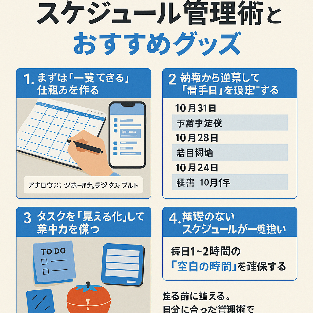 締切前に焦らない！スケジュール管理術とおすすめグッズ」記事用アイキャッチ画像。デジタルとアナログのスケジュール帳、時計、タスク管理アプリなどが並ぶ日本語のグラフィックデザイン。