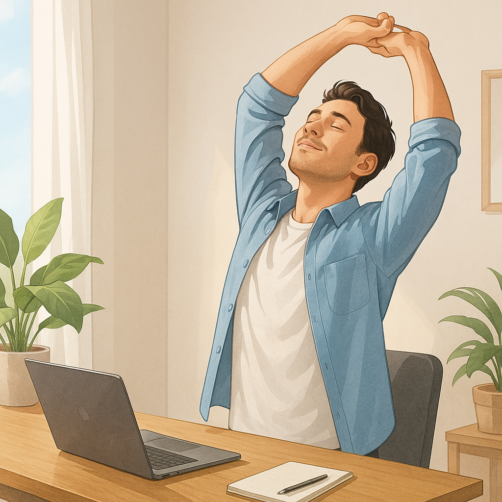 集中力が切れたときに背伸びをしてリフレッシュする男性。パソコンの前で仕事をしていた様子から、気分転換を図っている。