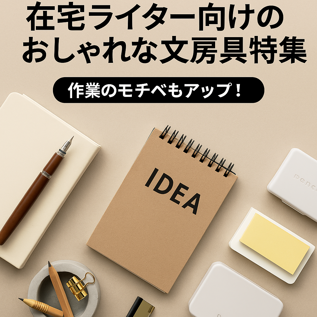 ベージュの背景に並べられたおしゃれな文房具一式。革製の万年筆、クリーム色のノート、クラフト紙の「IDEA」ノート、Pencoの収納ボックス、鉛筆、付箋、ゼムクリップなどが整然と配置され、在宅ライター向けの洗練された作業空間を表現している。