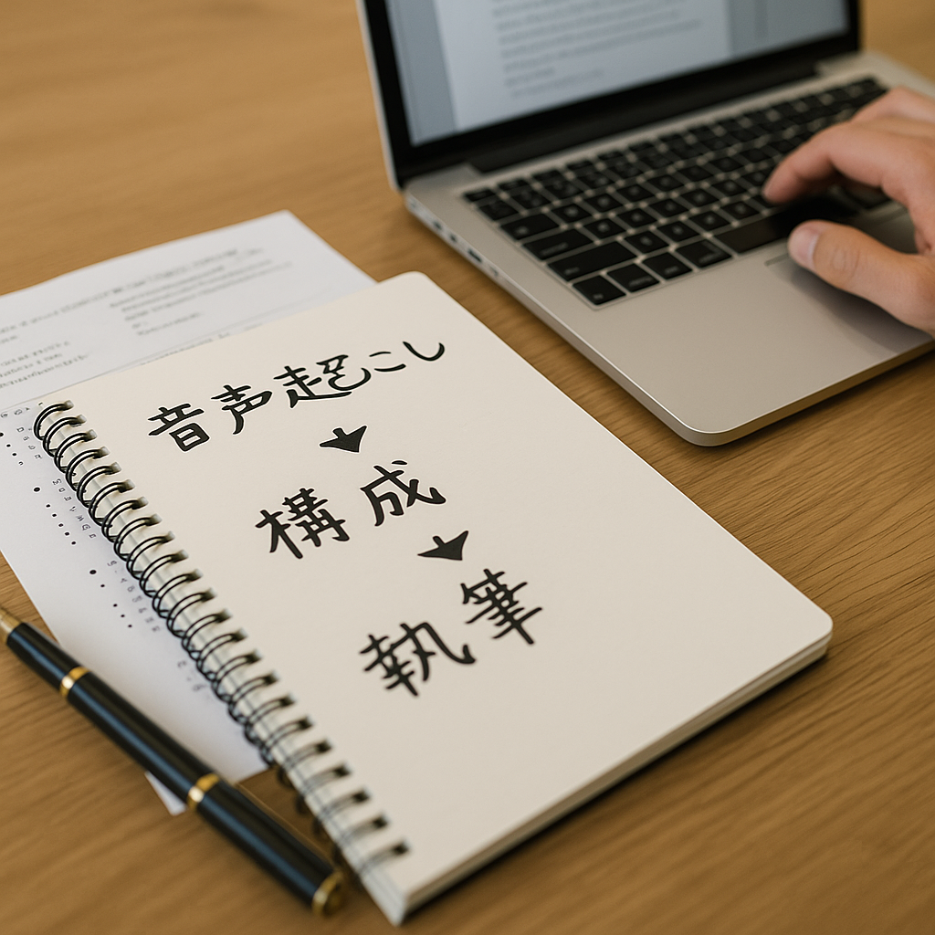 ノートパソコンとイヤホンが置かれた木製デスク。取材音声を文字起こししながら作業する書籍ライターのワークスペースをイメージした写真。