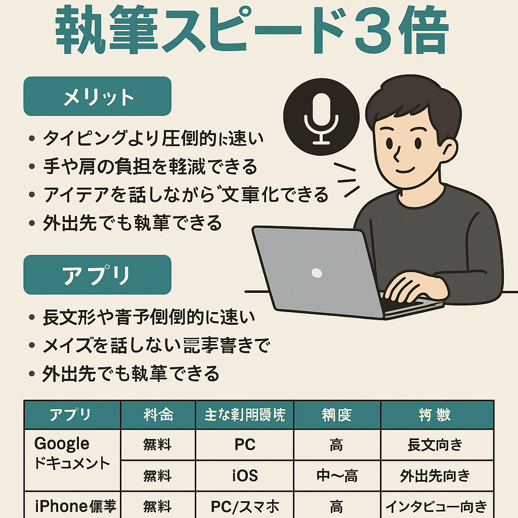 音声入力アプリを比較するためのイメージイラスト。スマートフォンとパソコンで音声入力を行う様子を描いたデジタルイラスト。