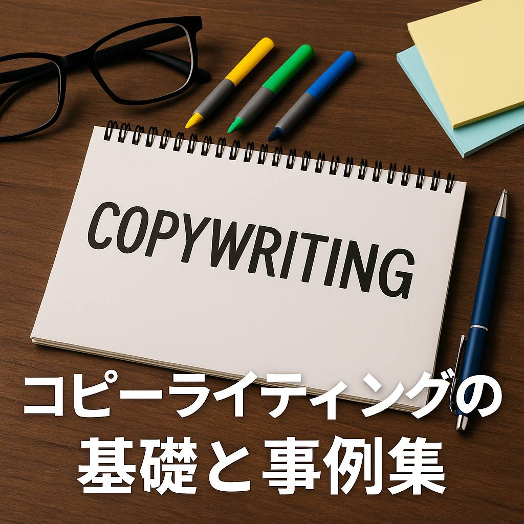 木目調のデスク上に開かれたノートが置かれ、「COPYWRITING」と書かれている。周囲には眼鏡、カラフルなペン、付箋、ボールペンが並び、コピーライティングの作業環境を表現している。