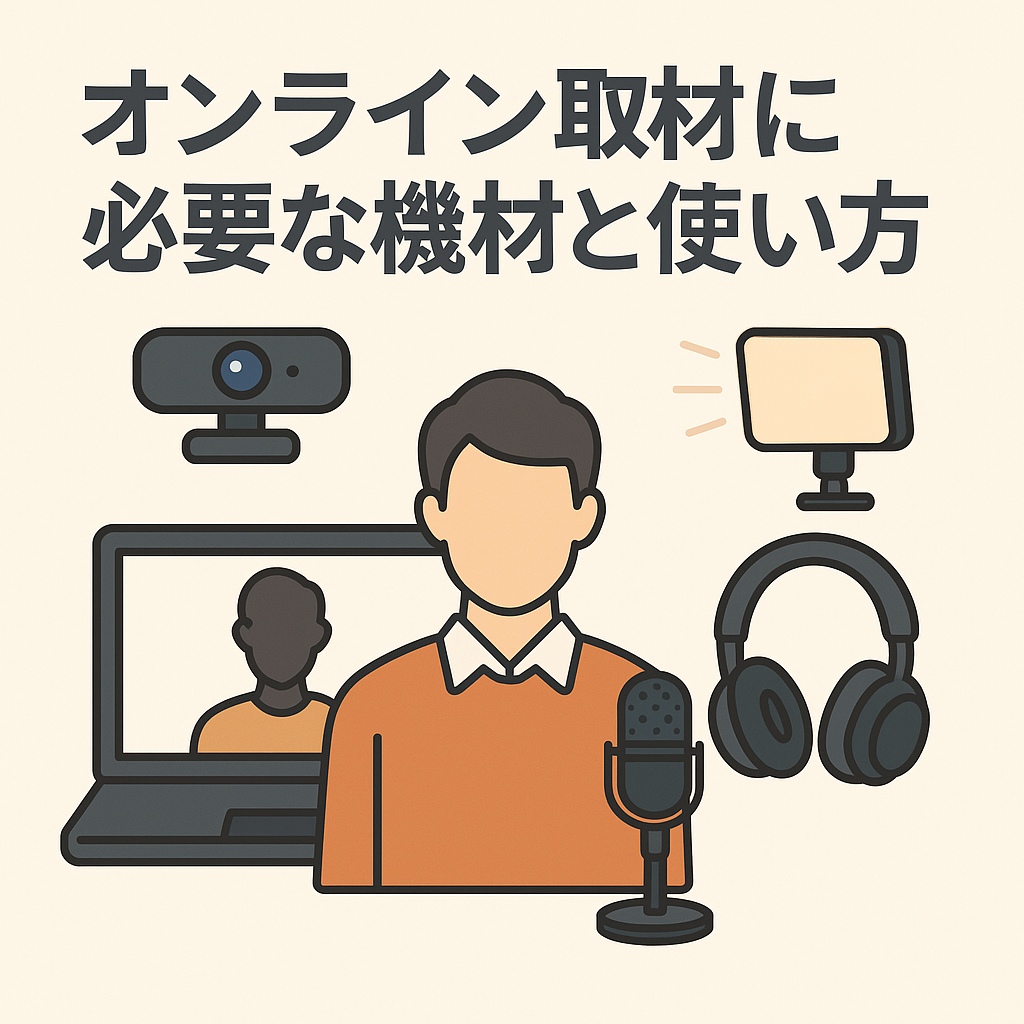 オンライン取材に必要な機材を示すフラットデザインのイラスト。ノートパソコン、外付けマイク、ヘッドフォン、ウェブカメラ、LEDライトが並び、中央に人物のシルエットが描かれている。