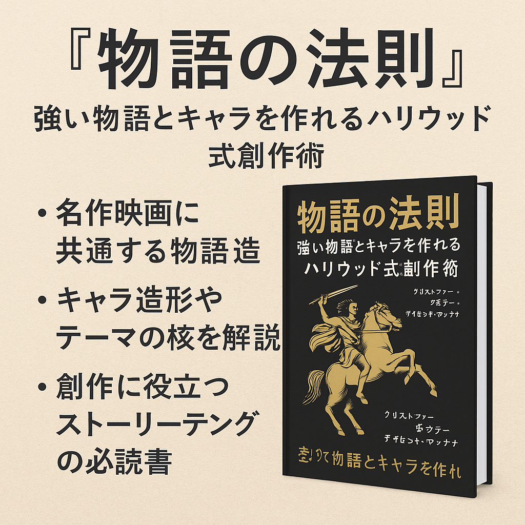 日本語の本『物語の法則 強い物語とキャラを作れるハリウッド式創作術』を象徴するデジタルイラスト。物語の構造を示す図やキャラクター表現を組み合わせ、創作のエッセンスを表現している。