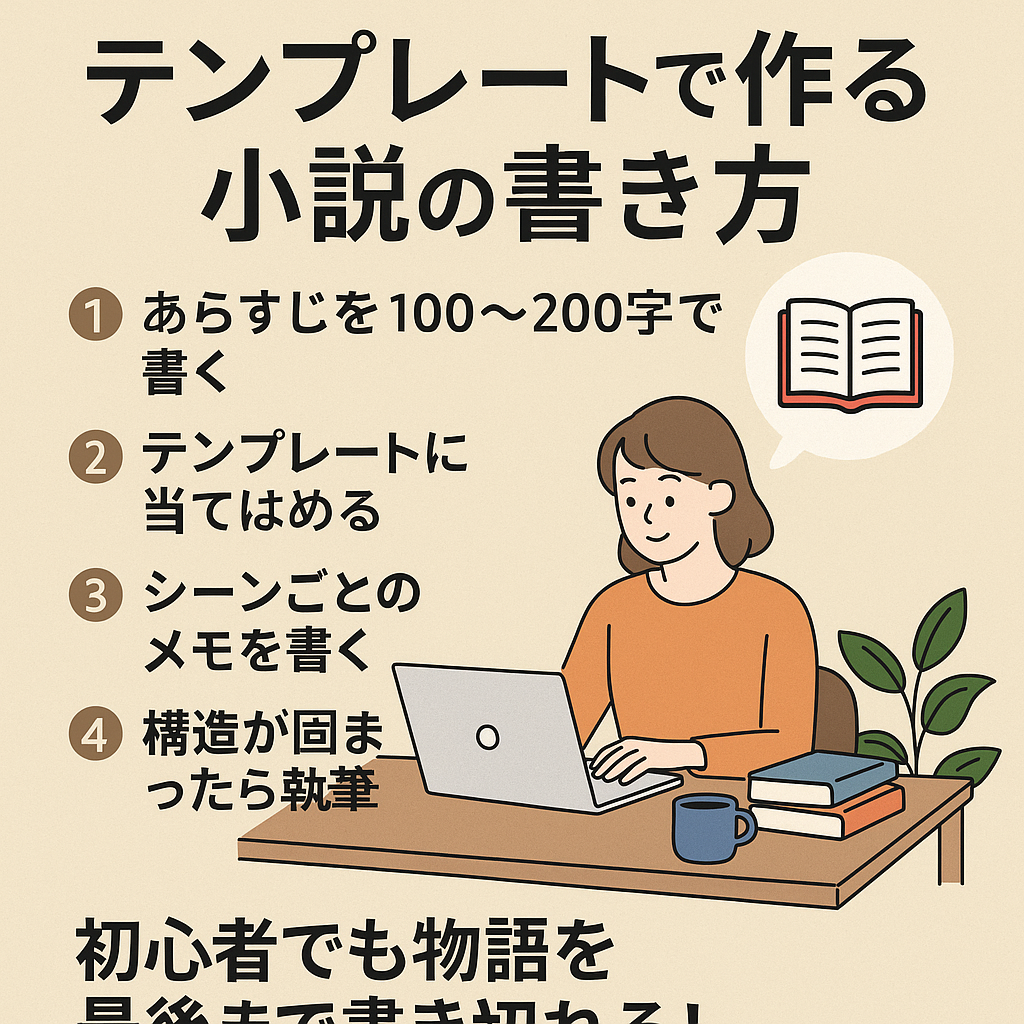 小説の書き方テンプレートをテーマにしたデジタルイラスト。執筆に役立つステップを視覚的にまとめたイメージ