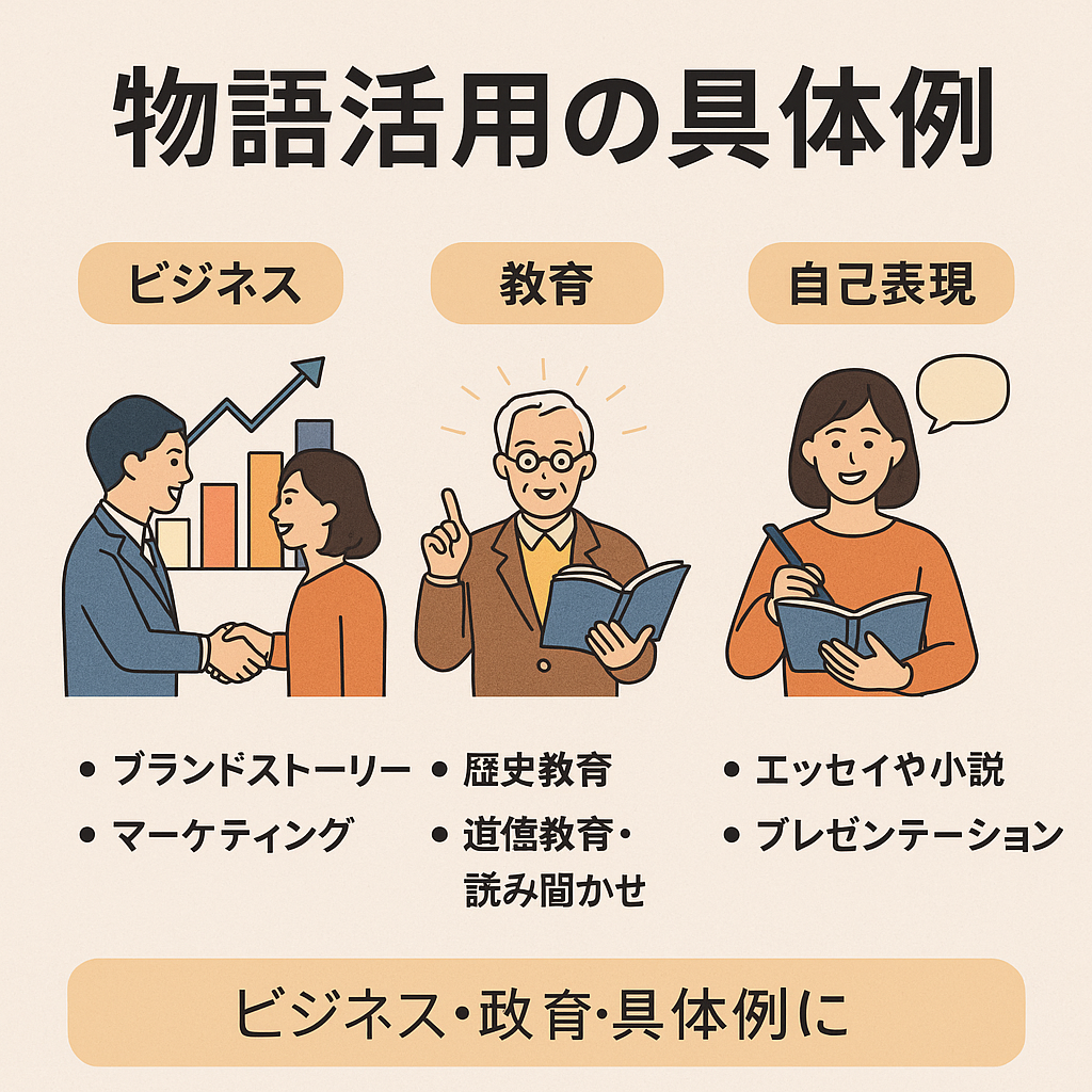 物語活用の具体例を示すフラットデザインのデジタルイラスト。ビジネスや教育、マーケティングにおける物語の活用シーンが描かれている。