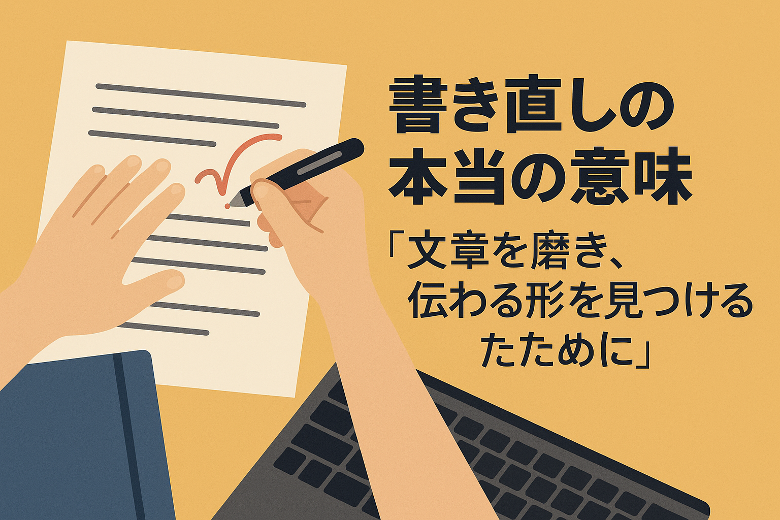 机の上で原稿を何度も書き直す作業をしている人物のデジタルイラスト。ノートPCと紙原稿、赤ペンが描かれ、文章を磨き上げる様子を表現。