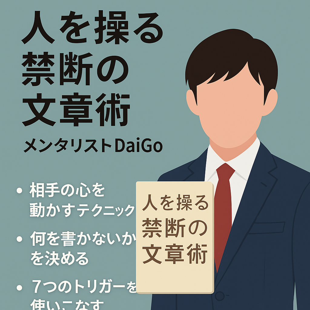 DaiGo著『人を操る禁断の文章術』をイメージした平面イラスト。読者の心を動かすコピーライティングの本質を象徴するグラフィック