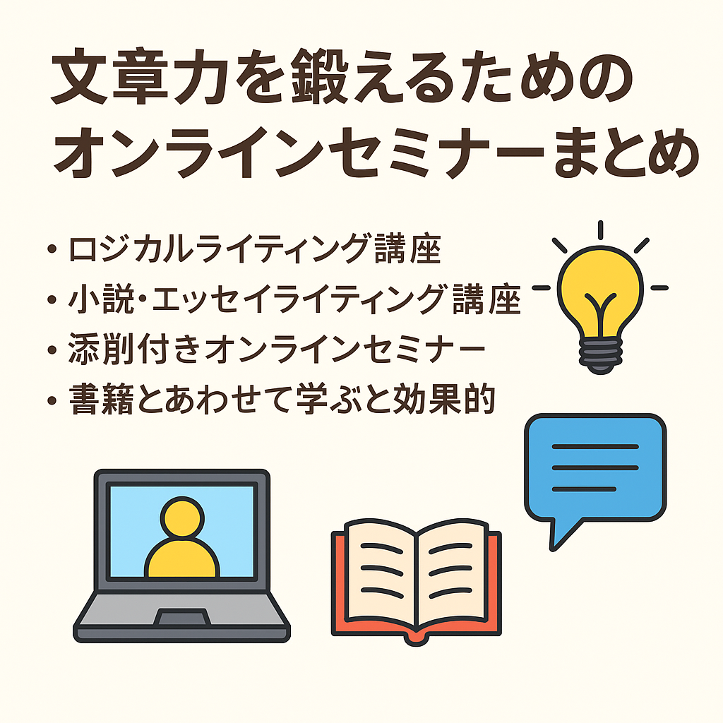 オンラインセミナーを受講する人々のイラスト。パソコンやスマホで学ぶ姿が描かれており、文章力向上やライティングスキルを磨くイメージを表現。