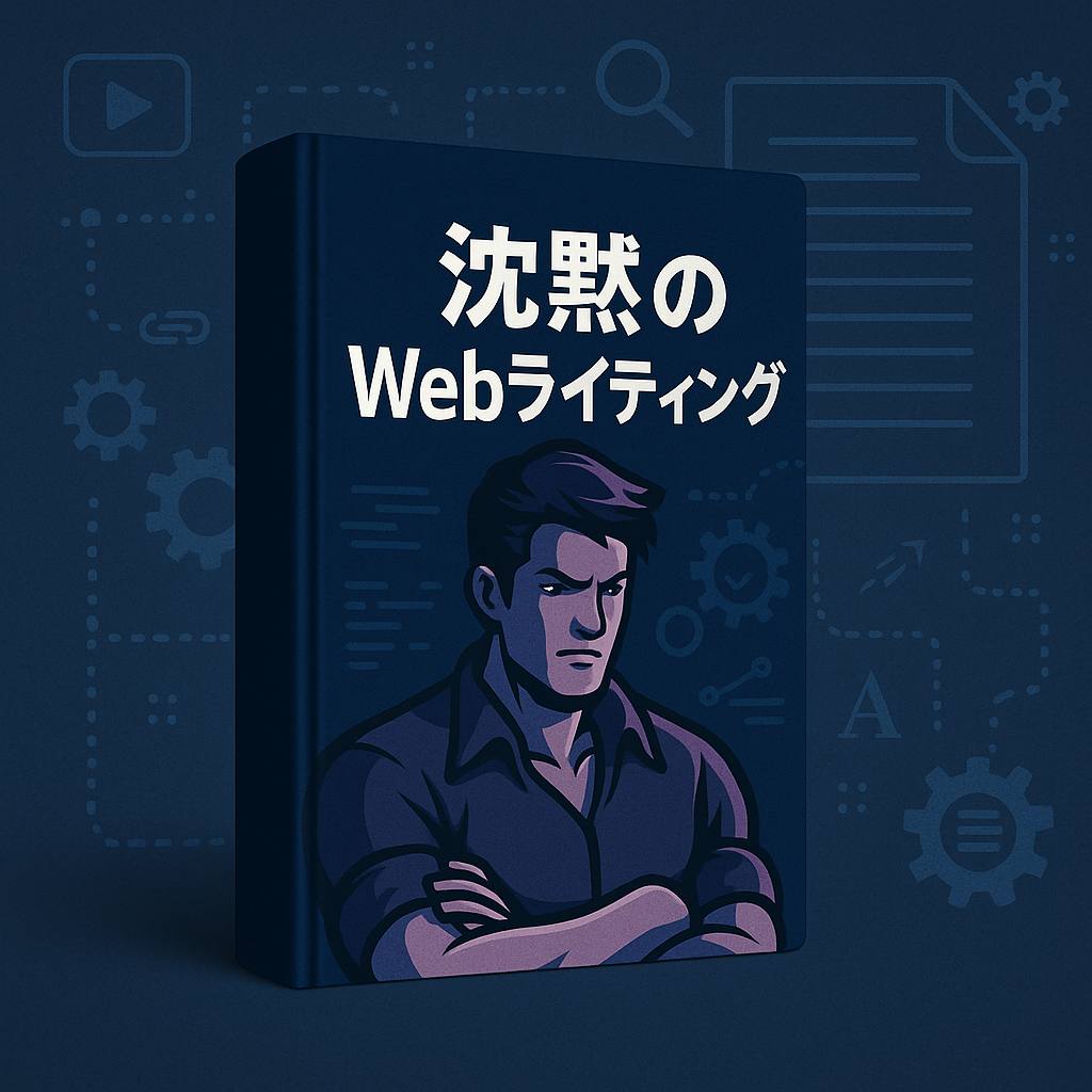 沈黙のWebライティングを象徴する、デスクとノートPC、落ち着いた色合いの背景にライティング作業をする人物のイラスト