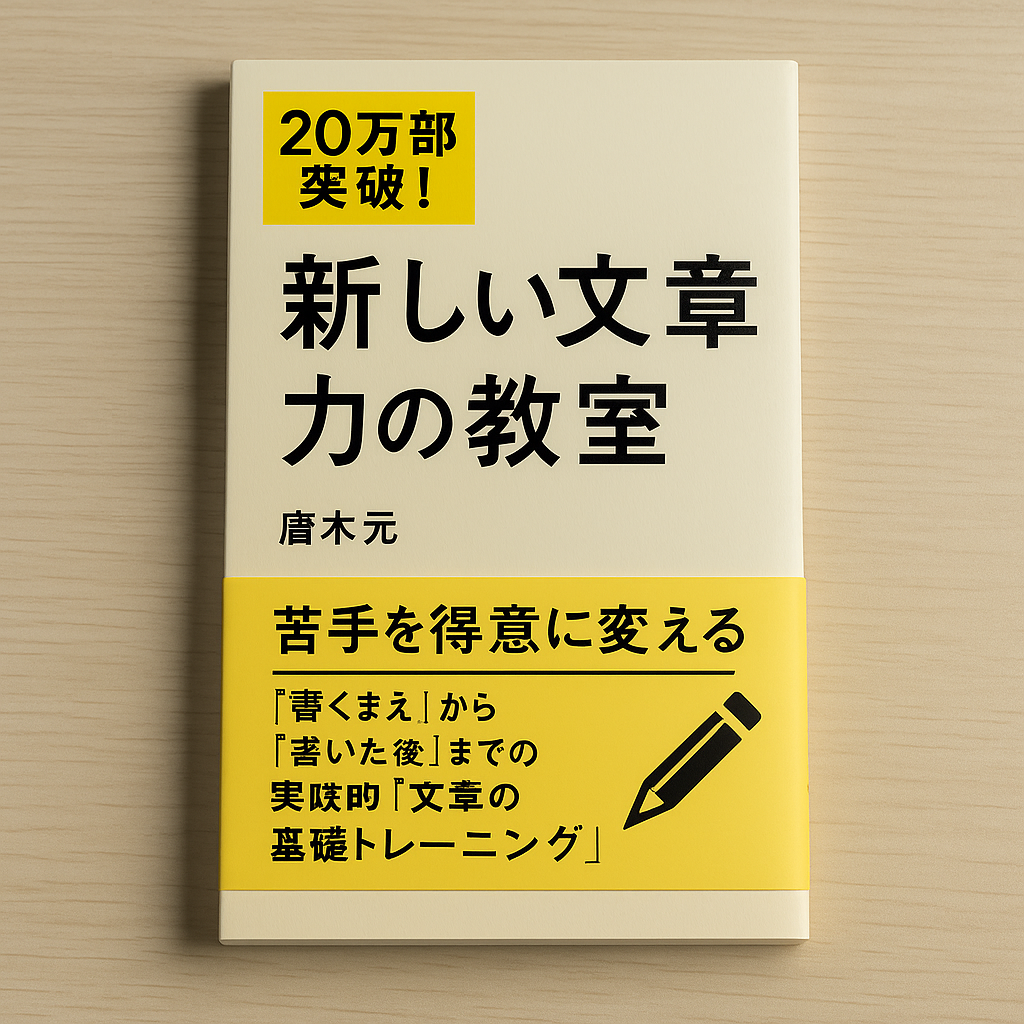 日本語のビジネス書『新しい文章力の教室』のカバーとノート、ペンが机の上に置かれている写真