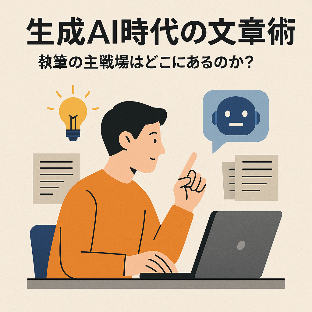 生成AIが文章執筆を支援する時代を象徴するデジタルイラスト。企画構成・執筆・加筆修正の流れを示し、人間は前後工程に集中する未来を描いている
