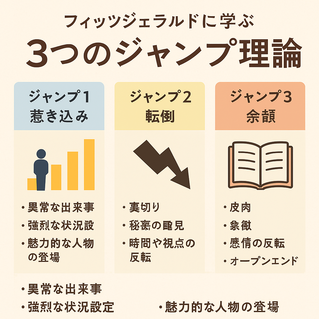 F・スコット・フィッツジェラルドの「3つのジャンプ理論」を表現したイラスト。物語の導入で読者をつかみ、転換で裏切りや秘密を明かし、余韻で感情や象徴を残す三段構造を示している。