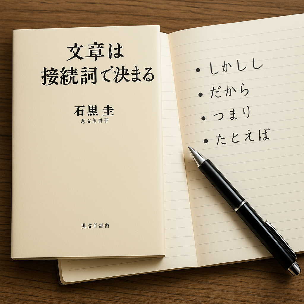 『文章は接続詞で決まる』という書籍が机に開かれて置かれている様子。シンプルな装丁と整った紙面が映る写真