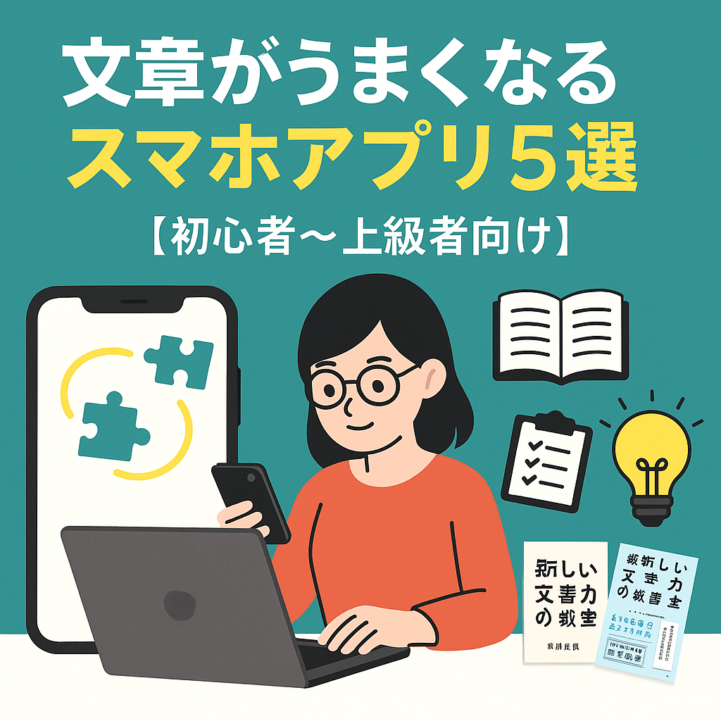 文章力を高めるためのスマホアプリ5選を紹介するアイキャッチ画像。中央にはスマホとノートパソコンを操作する女性、周囲に本・チェックリスト・電球のイラストとアプリや書籍のアイコンが配置されている。