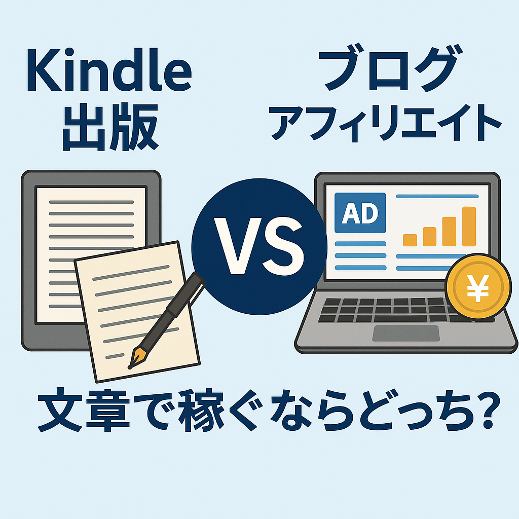 Kindle出版とブログアフィリエイトの違いを比較」するアイキャッチ画像。左側に電子書籍のイメージ、右側にブログ・アフィリエイトのイメージが描かれ、「VS」の文字が中央にある構図。