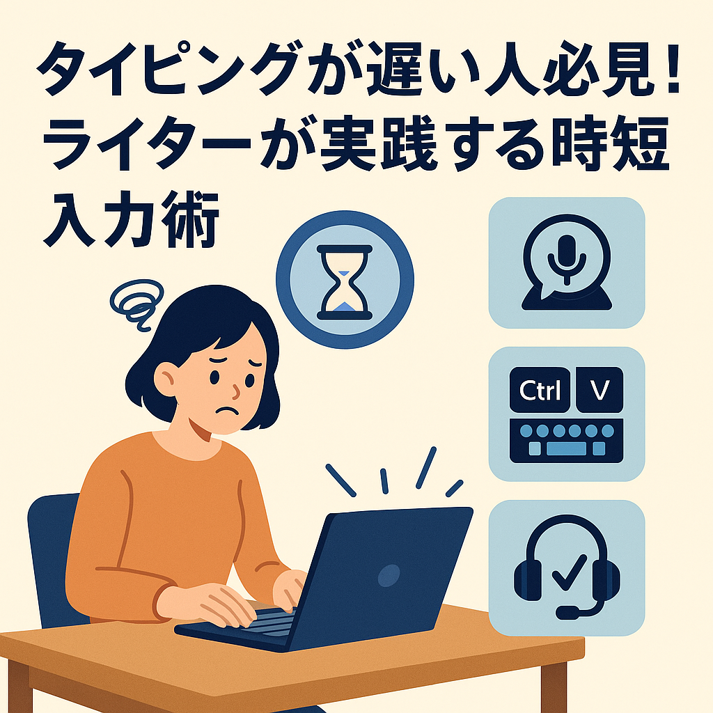 タイピングが遅い人必見！ライターが実践する時短入力術」という日本語タイトルが中央に配置されたデジタルイラスト。背景にはノートパソコンのキーボードとストップウォッチのイメージが描かれ、スピード感を強調している。シンプルでわかりやすいフラットデザイン。