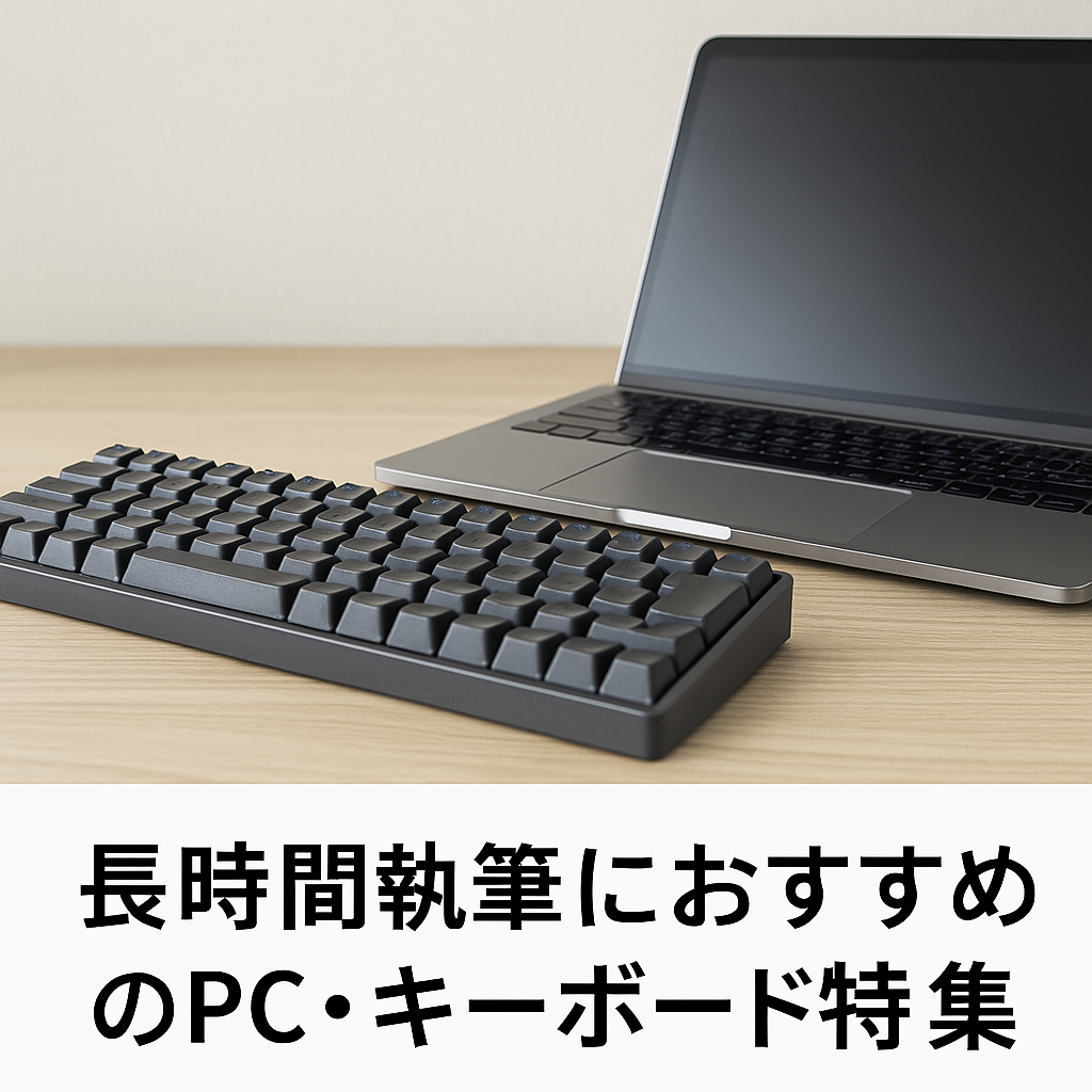 長時間の執筆作業に適した銀色のノートパソコンと黒いメカニカルキーボードが、明るい木製デスクの上に並んでいる様子。
