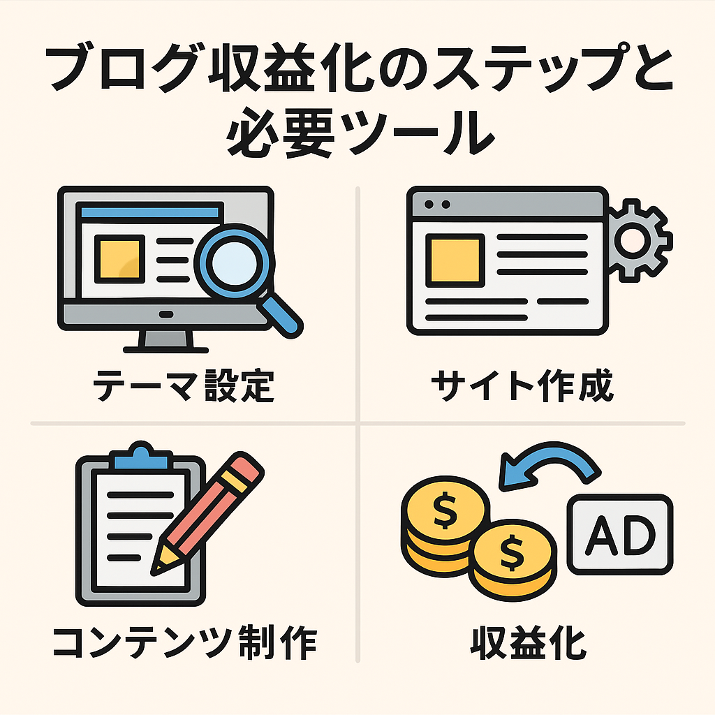 「ブログ収益化のステップと必要ツール」をテーマにしたフラットデザインのインフォグラフィック。テーマ設定、サイト作成、コンテンツ制作、収益化の4つの工程がアイコン付きで表示されている。
