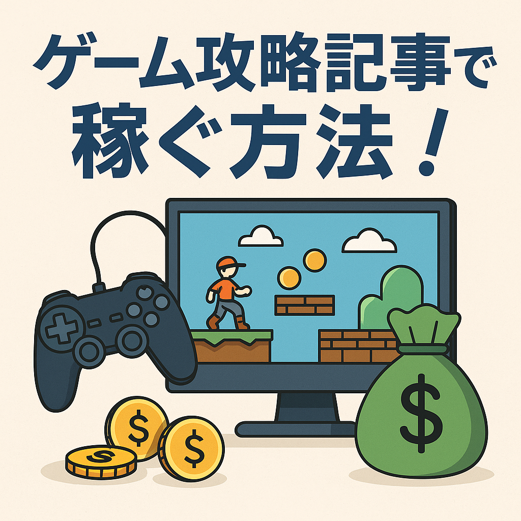 ゲーム攻略記事で稼ぐ方法をテーマにしたフラットスタイルのデジタルイラスト。ゲームコントローラー、2Dアクションゲーム画面、コイン、緑色のマネーバッグが描かれている。