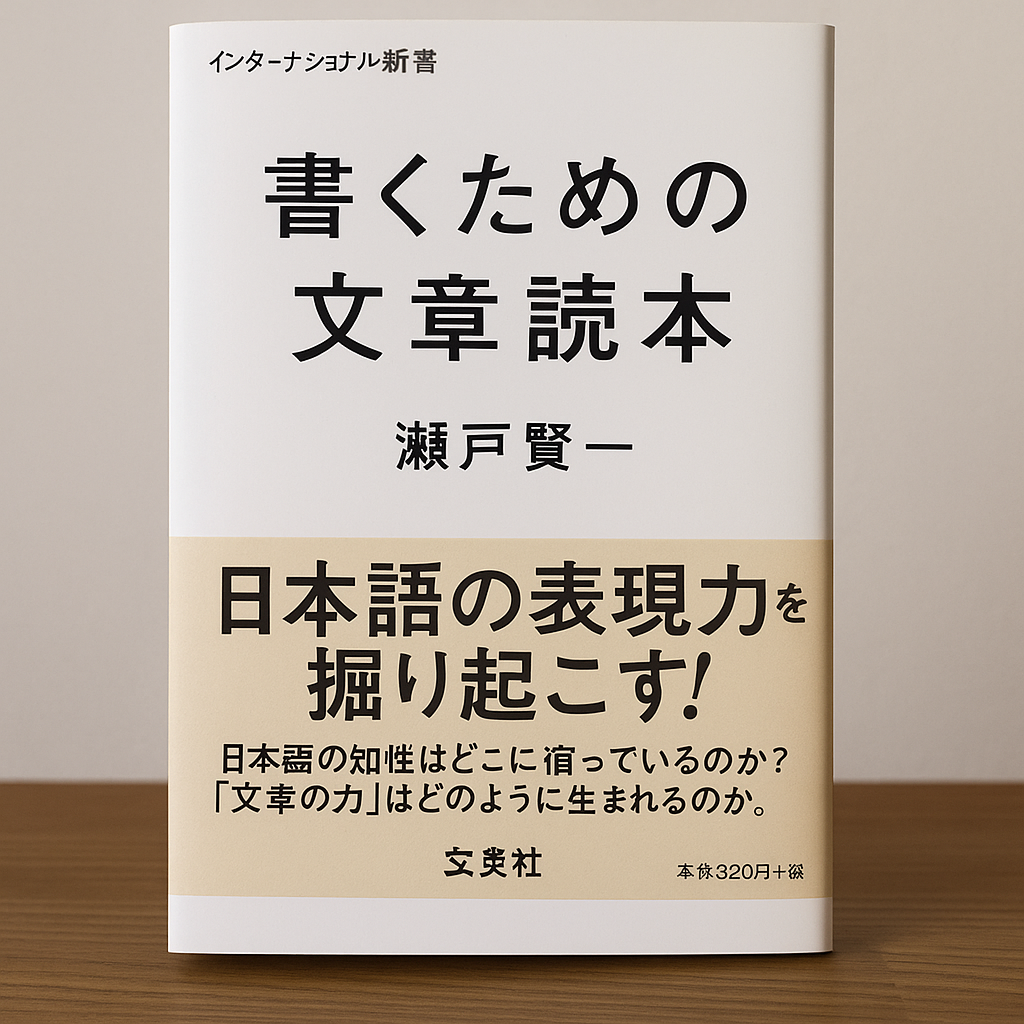 瀬戸賢一著『書くための文章読本』を机上に置いた様子を撮影した写真。白地のカバーにシンプルなタイポグラフィが映える本の表紙