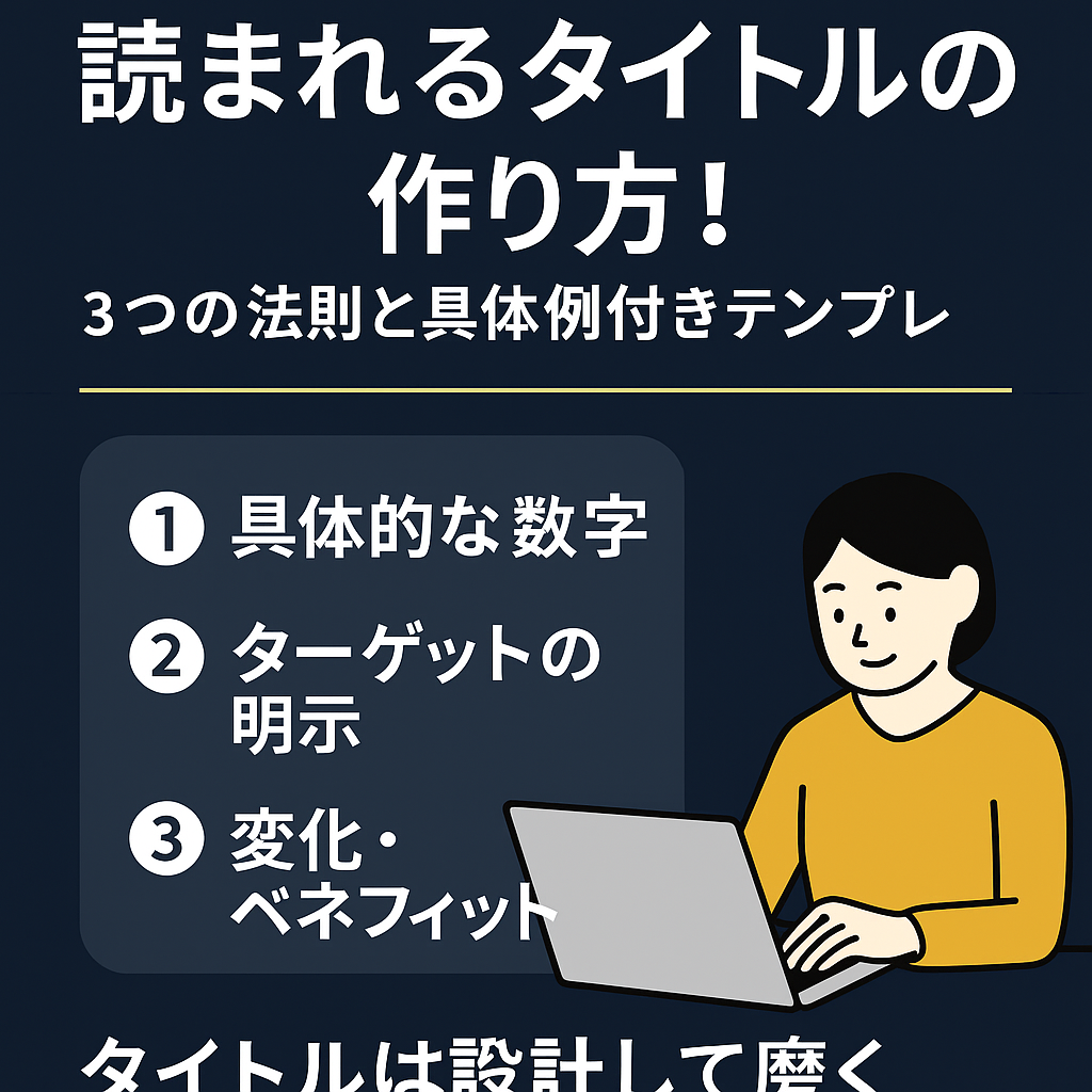 読まれるタイトルの3つの法則を解説した日本語のインフォグラフィック。共感・具体性・ギャップをキーワードに、テンプレートや成功例が視覚的にまとめられている。