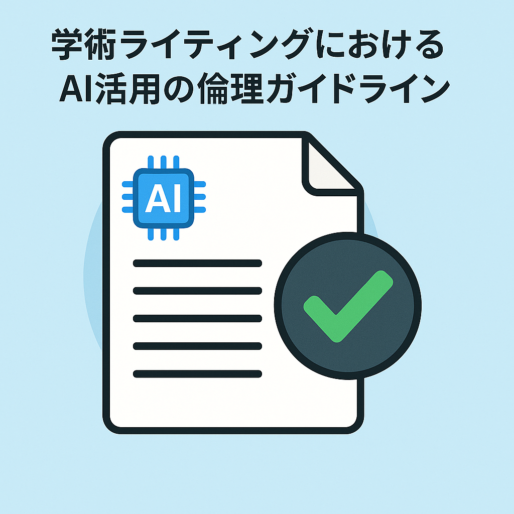 学術ライティングにおけるAI活用の倫理ガイドラインを象徴するイラスト。研究者がノートPCを前にAIを利用しており、画面には『構成・執筆・修正』の3つのステップと『透明性・検証責任・オリジナリティ』のキーワードが並んでいる。学術的で信頼感のある雰囲気。