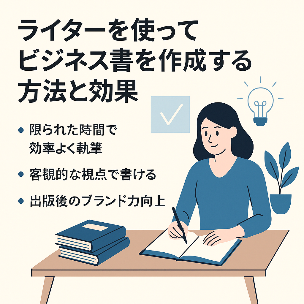 ビジネスパーソンとライターが並んで、ノートパソコンと大きな本を前に打ち合わせをしているイラスト
