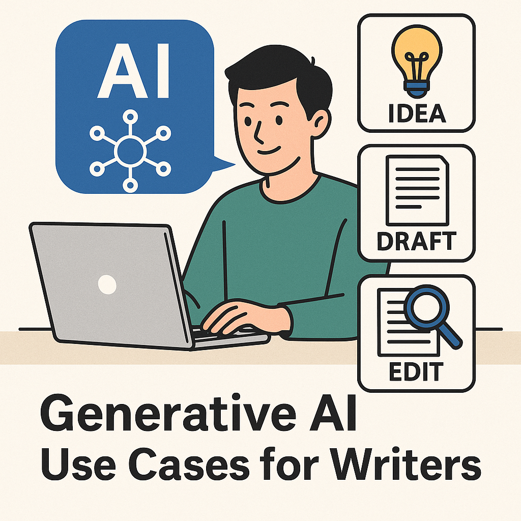 ノートパソコンで生成AIを活用しながら文章を書くライターのイラスト。AIアイコンやテキストが画面に浮かび上がり、効率的なライティングを表現している。