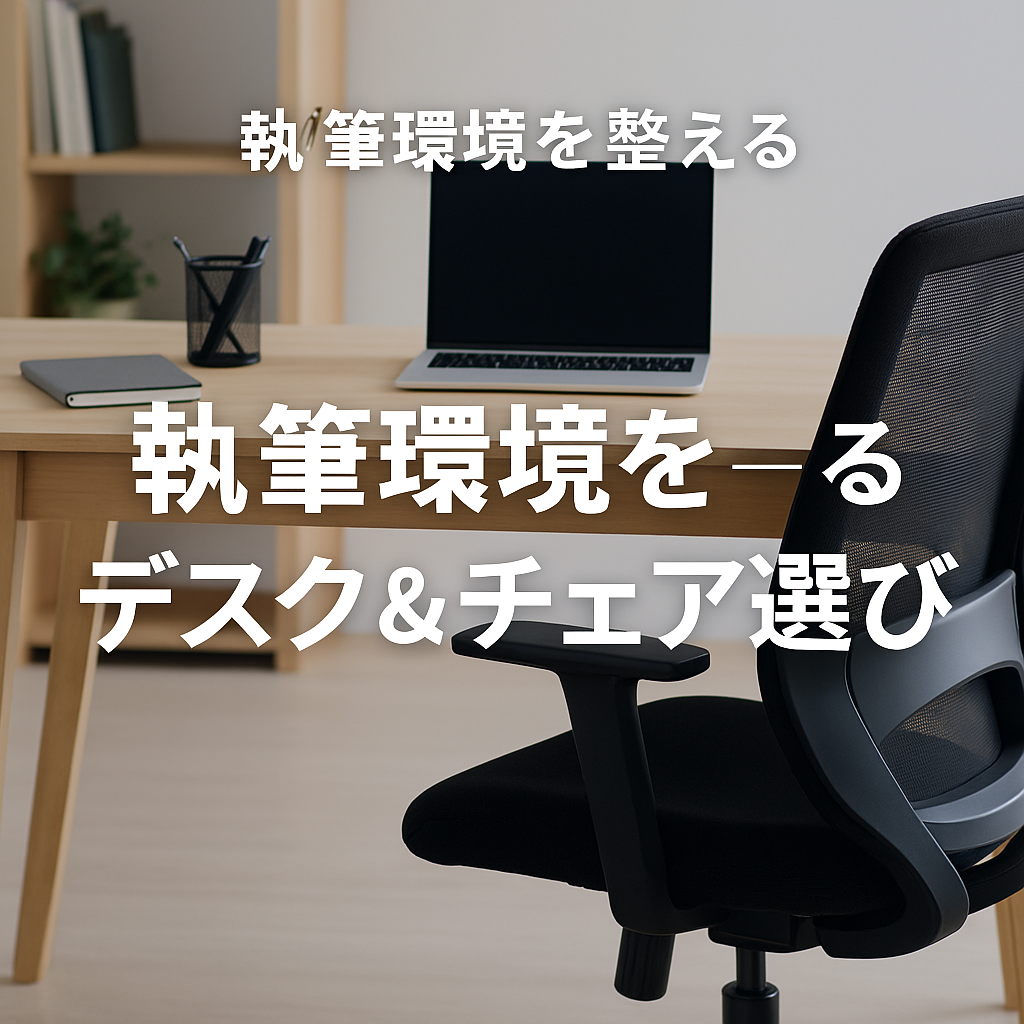モダンなホームオフィスのデスクとチェア。木目のデスクにノートパソコンとデスクライトが置かれ、背もたれ付きの快適そうなチェアが配置されている。シンプルで整った執筆環境を表現した写真。