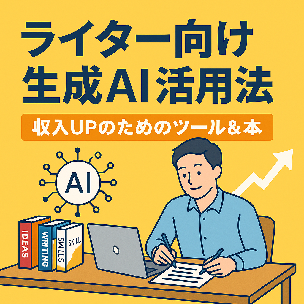 生成AIを活用してライティング効率を高め、収入アップを目指すライターを描いたデジタルイラスト。ノートパソコンとAIアイコン、上向きの矢印で成長と成功を表現。