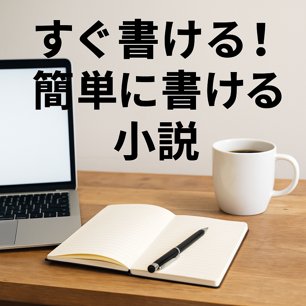 ノートパソコンとコーヒー、メモが置かれたミニマルな執筆環境を描いた写真。小説を簡単に書き始めるイメージ